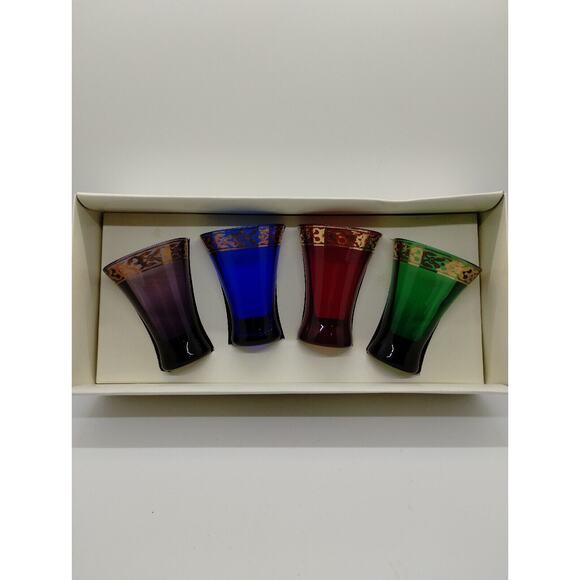Set of 4 Pier One - Victorian 3" Gold Trim Multicolor Glass Shot Glasses - Picture 1 of 4